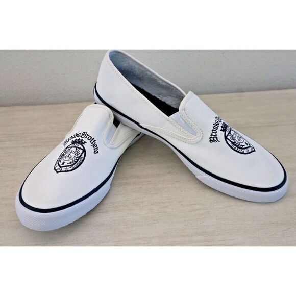 Sperry STS24341 Men's Sz 12 White Brooks Brothers Crest Canvas Slip-On Sneakers - Picture 1 of 7